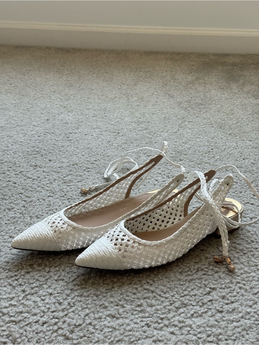 Jennifer Sumko x Antonio Melani White Woven Pointed Toe Slingback Flats